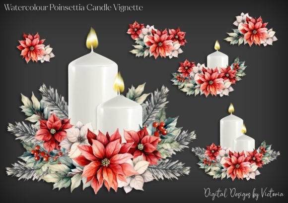 Festive Watercolour Poinsettia Candle Vignette